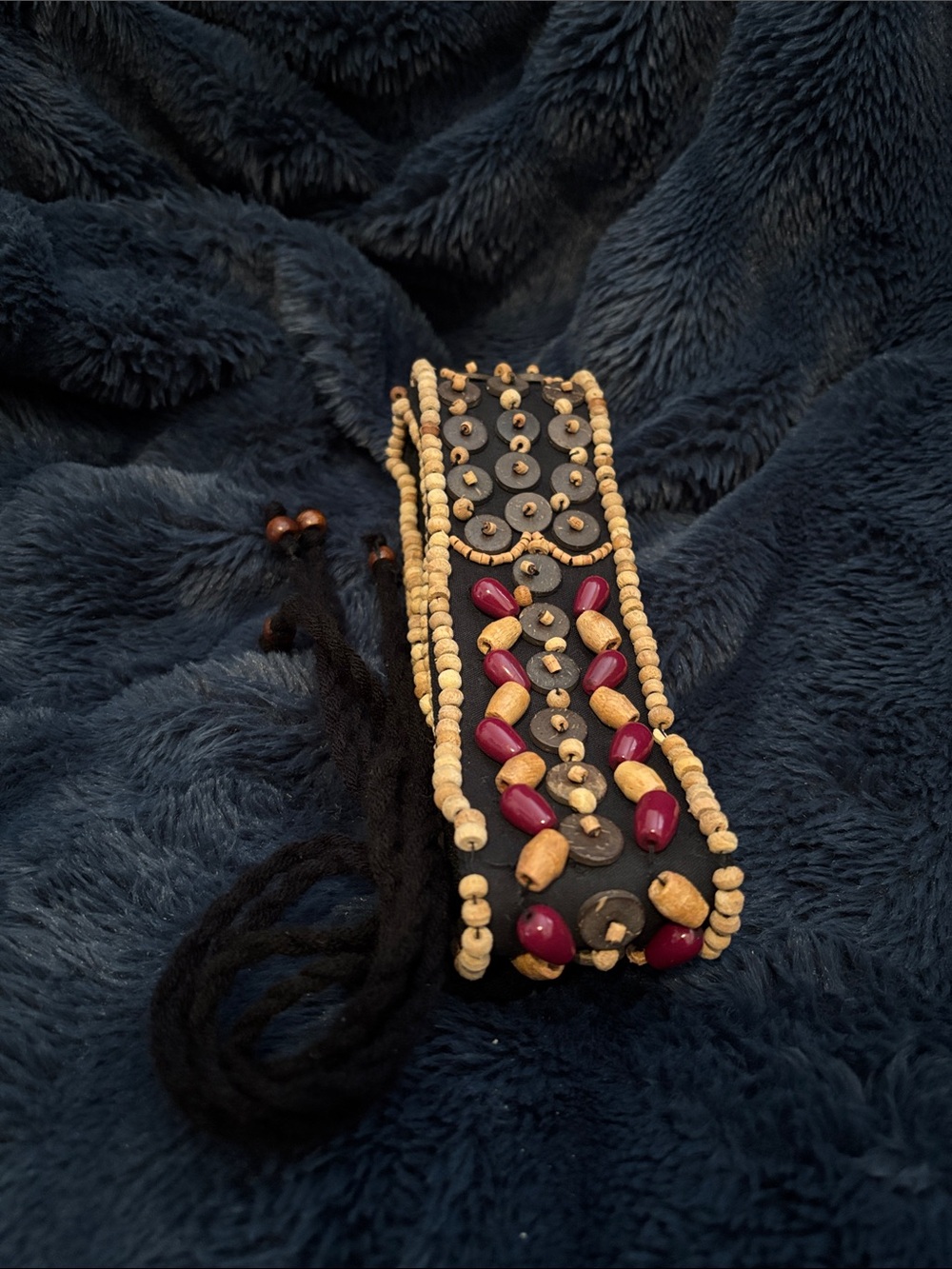 Beaded Boho Cuff Bracelet with Burgundy and Natural Wood Accents